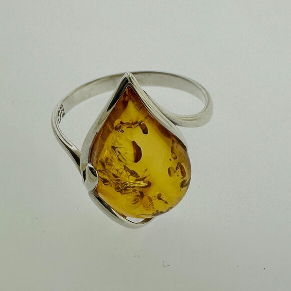 925 Sterling Silver Amber Teardrop Ring - Size 9.5 - Picture 7 of 15